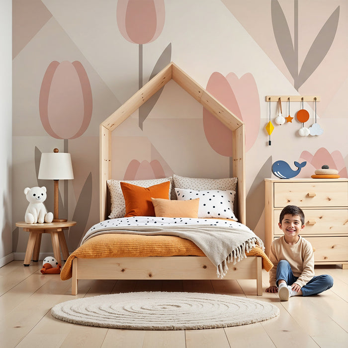 Papier peint chambre bébé | Tulipes douces et géométrie pastel