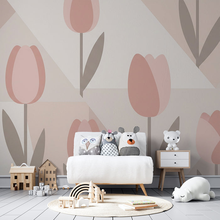 Papier peint chambre bébé | Tulipes douces et géométrie pastel