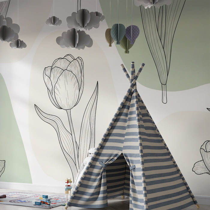 Papier peint chambre bébé | Tulipes entre beige et vert sauge