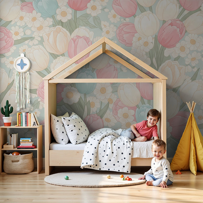 Papier peint chambre bébé | Tulipes et marguerites en douceur