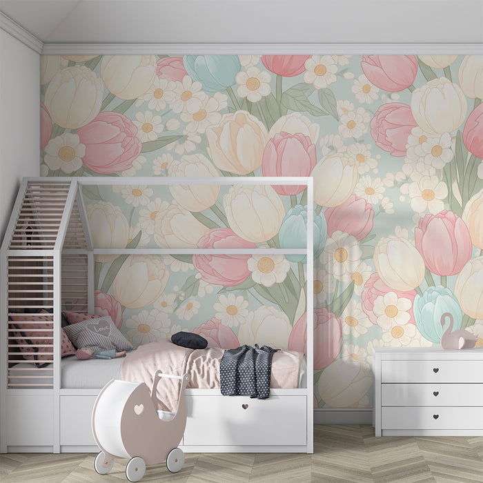 Papier peint chambre bébé | Tulipes et marguerites en douceur
