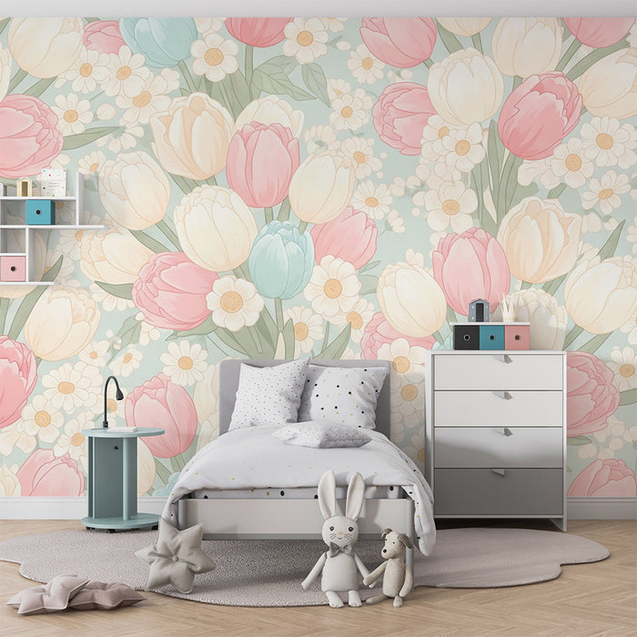 Papier peint chambre bébé | Tulipes et marguerites en douceur