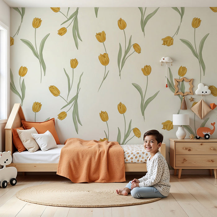 Papier peint chambre bébé | Tulipes jaunes délicates sur fond crème