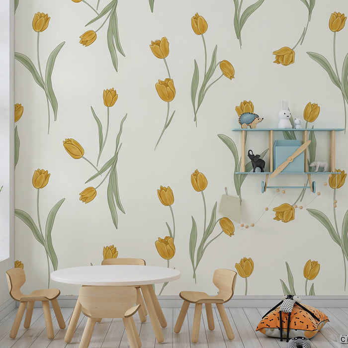 Papier peint chambre bébé | Tulipes jaunes délicates sur fond crème