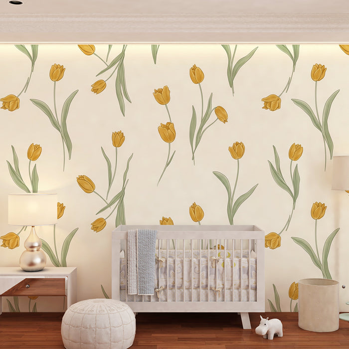 Papier peint chambre bébé | Tulipes jaunes délicates sur fond crème
