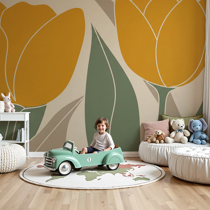 Papier peint chambre bébé | Tulipes jaunes stylisées avec feuillage moderne