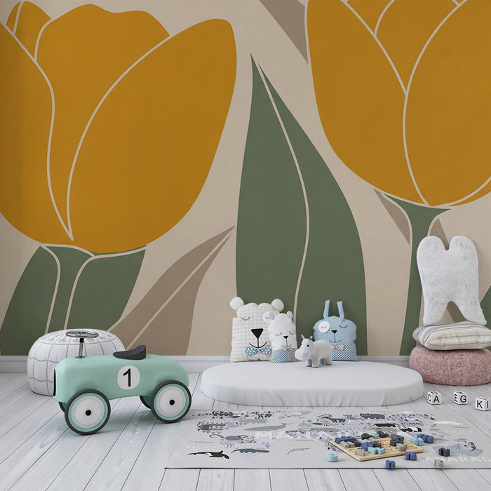 Papier peint chambre bébé | Tulipes jaunes stylisées avec feuillage moderne