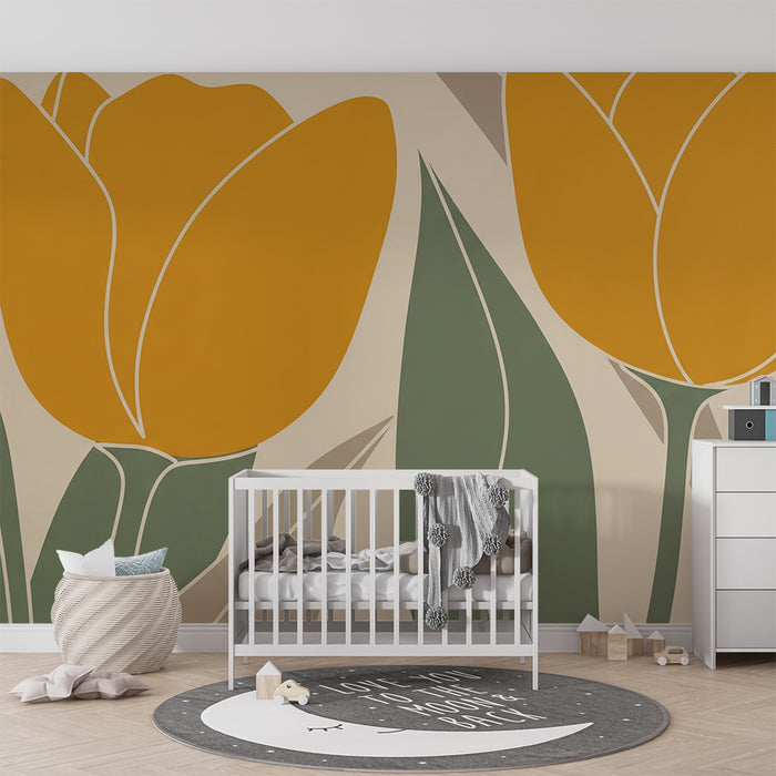 Papier peint chambre bébé | Tulipes jaunes stylisées avec feuillage moderne