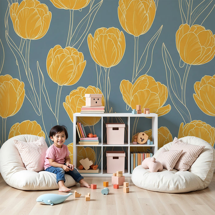 Papier peint chambre bébé | Tulipes jaunes sur fond bleu apaisant