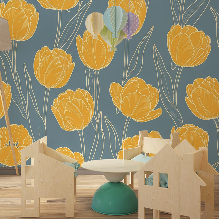 Papier peint chambre bébé | Tulipes jaunes sur fond bleu apaisant