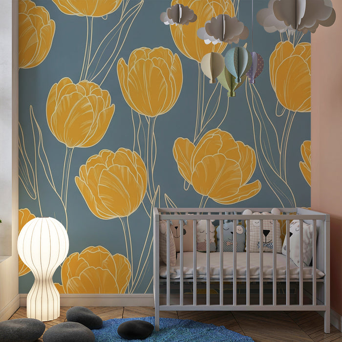 Papier peint chambre bébé | Tulipes jaunes sur fond bleu apaisant