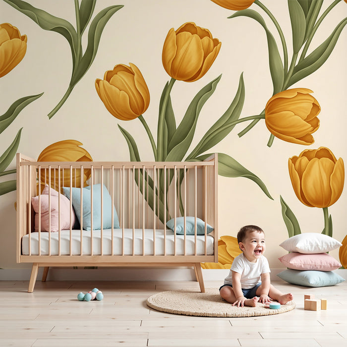 Tapete fürs Babyzimmer | Gelbe Tulpen auf cremefarbenem Hintergrund für eine sanfte Atmosphäre