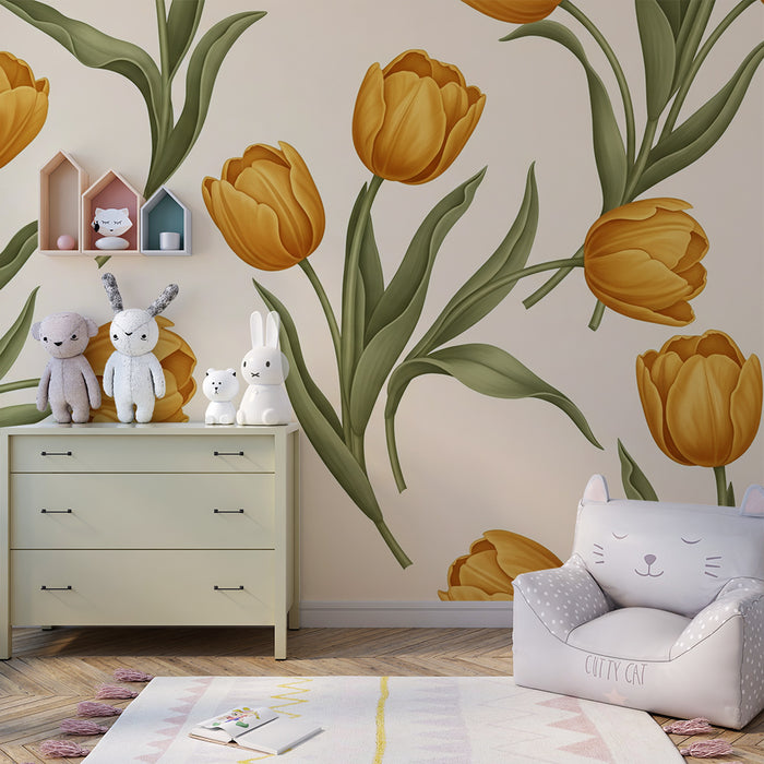 Tapete fürs Babyzimmer | Gelbe Tulpen auf cremefarbenem Hintergrund für eine sanfte Atmosphäre