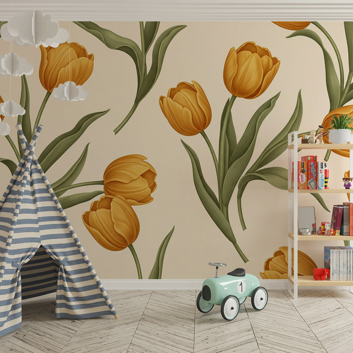 Tapete fürs Babyzimmer | Gelbe Tulpen auf cremefarbenem Hintergrund für eine sanfte Atmosphäre
