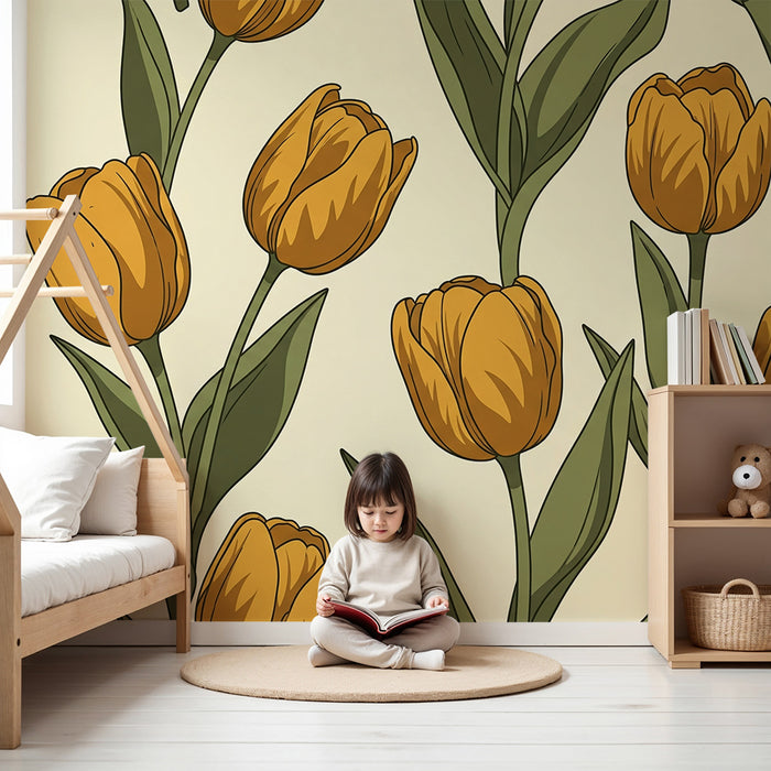 Papier peint chambre bébé | Tulipes jaunes sur fond doux