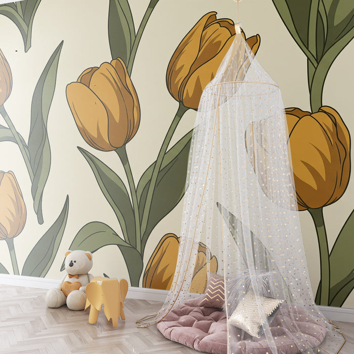 Papier peint chambre bébé | Tulipes jaunes sur fond doux