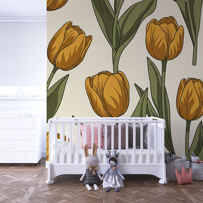 Papier peint chambre bébé | Tulipes jaunes sur fond doux