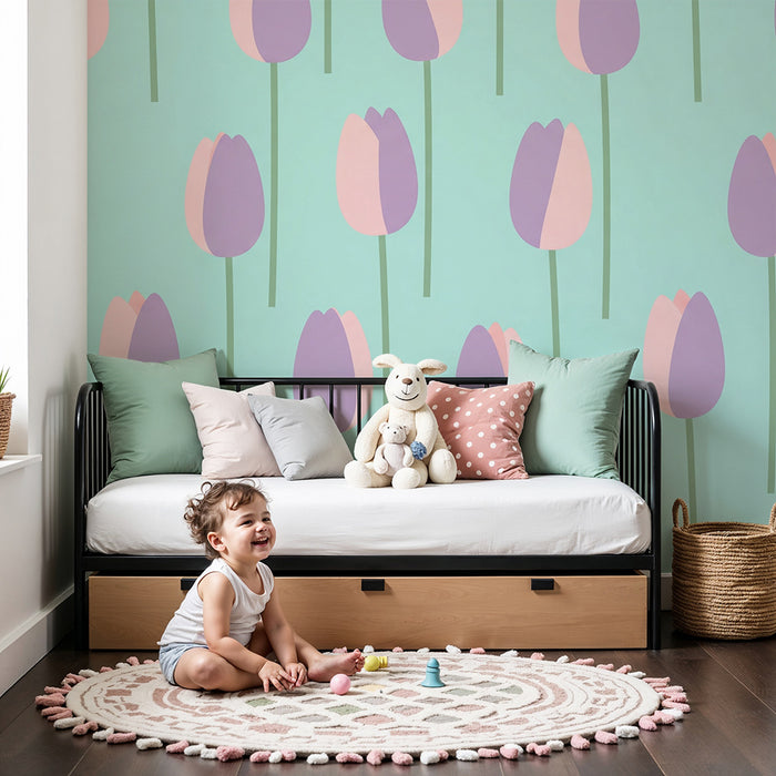Papier de parede quarto bebê | Tulipani pastello su sfondo morbido