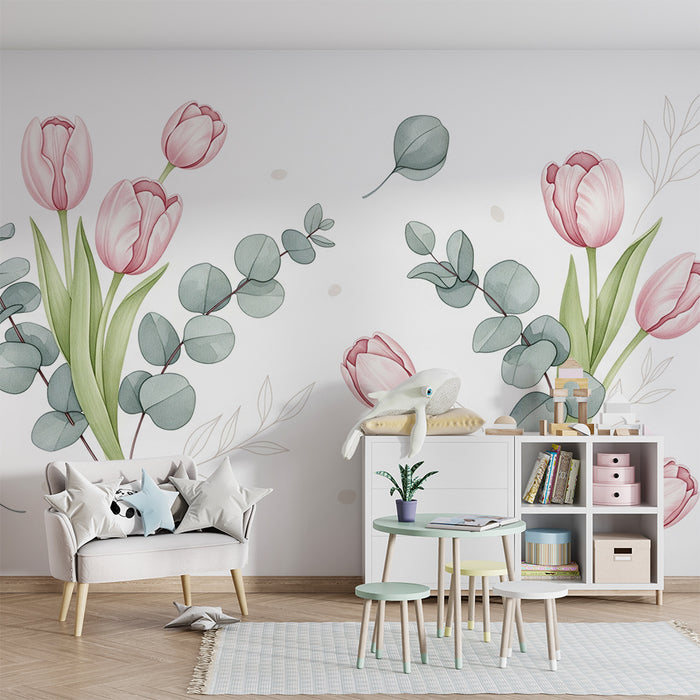 Papier peint chambre bébé | Tulipes roses et feuillage délicat