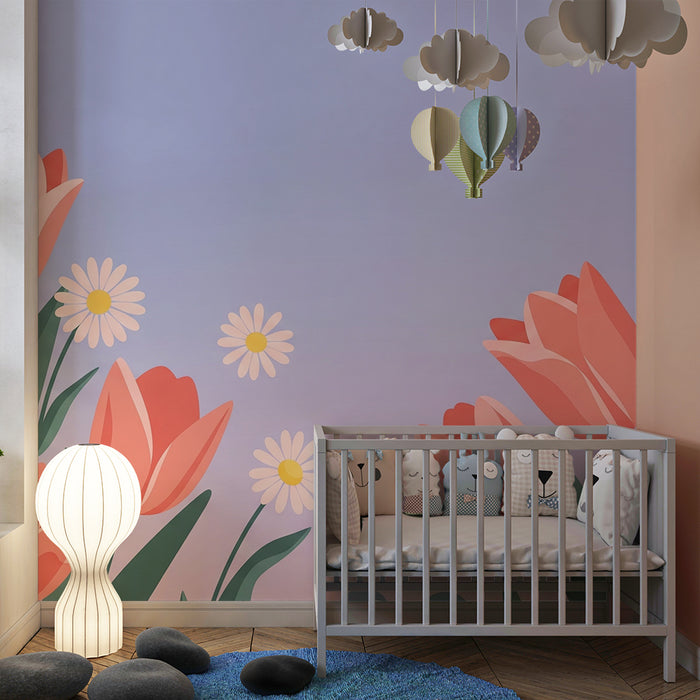 Papel de parede quarto bebê | Rože tulipanov in poljskih cvetov na pastelnem nebu