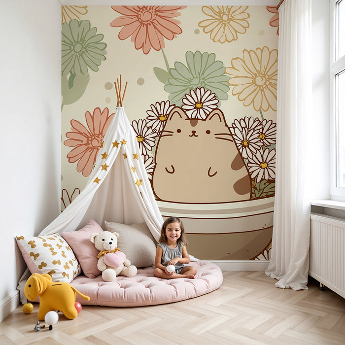 Papier de parede pre detskú izbu | Rozkošný mačiatko obklopené farebnými kvetmi