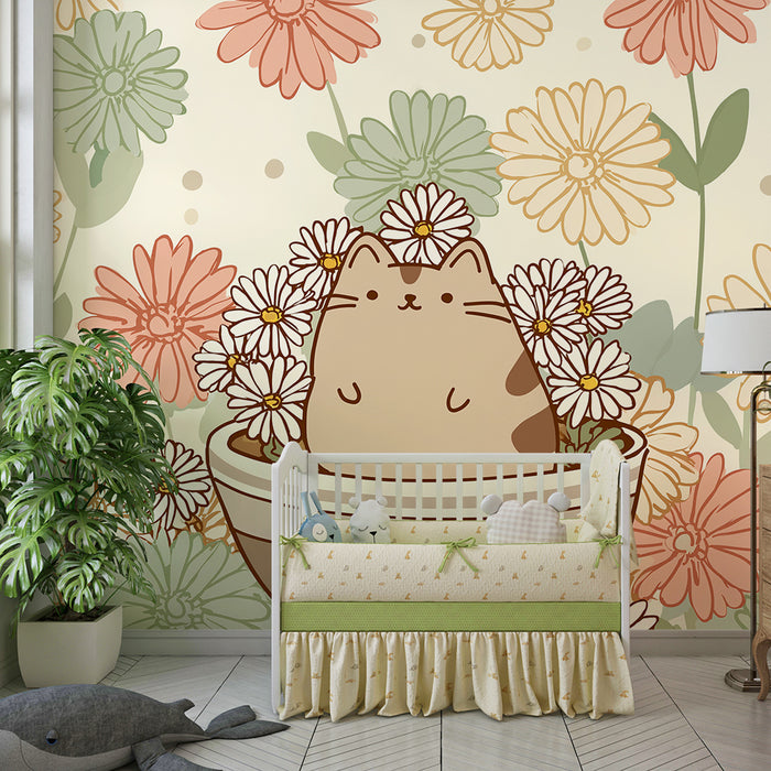 Papier de parede pre detskú izbu | Rozkošný mačiatko obklopené farebnými kvetmi