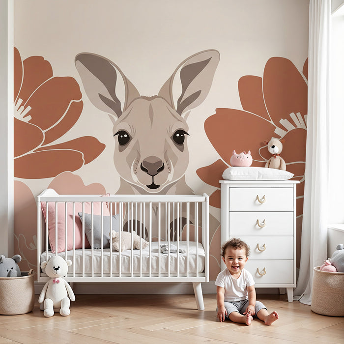 Papier peint chambre bébé | Un adorable kangourou entouré de fleurs délicates