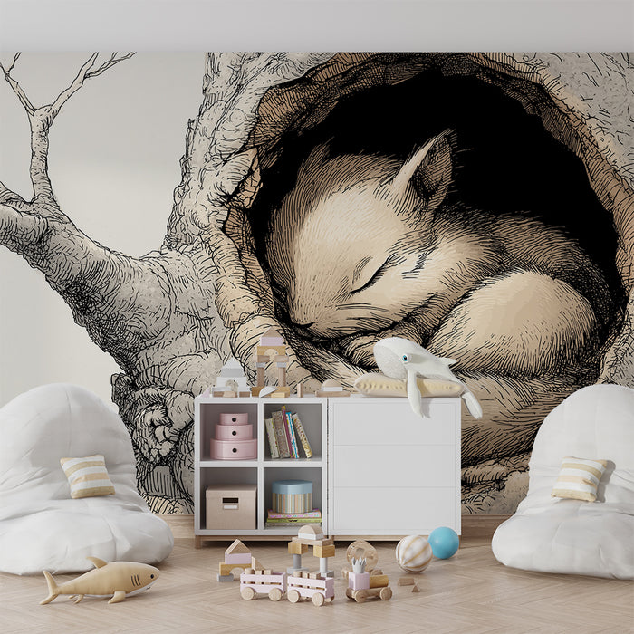 Papier peint chambre bébé | Un adorable petit écureuil endormi dans son nid