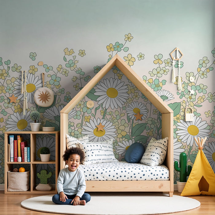 Papier peint chambre bébé | Un champ de marguerites et fleurs délicates aux couleurs douces