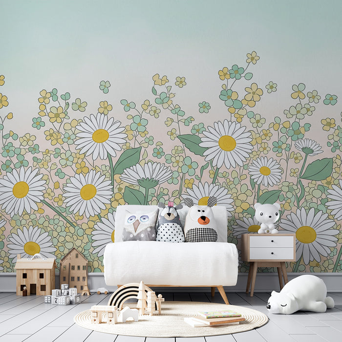Papier peint chambre bébé | Un champ de marguerites et fleurs délicates aux couleurs douces