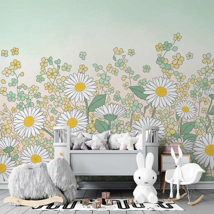 Papier peint chambre bébé | Un champ de marguerites et fleurs délicates aux couleurs douces