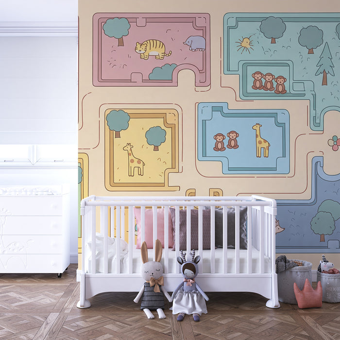 Børneværelse tapet | Farverigt dyreunivers med elefanter og giraffer