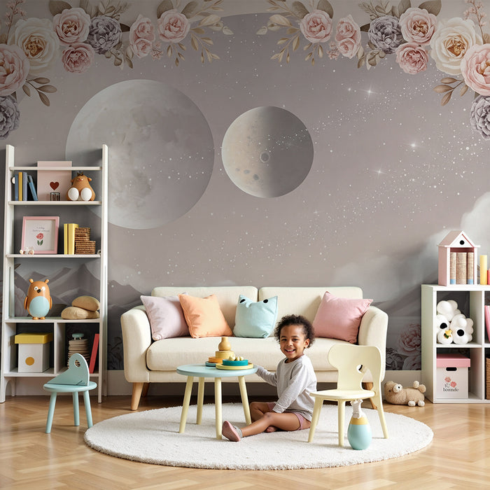 Papier peint chambre bébé | Univers céleste avec fleurs délicates et planètes