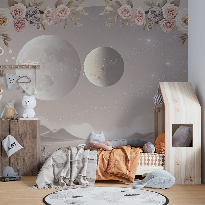 Papier peint chambre bébé | Univers céleste avec fleurs délicates et planètes