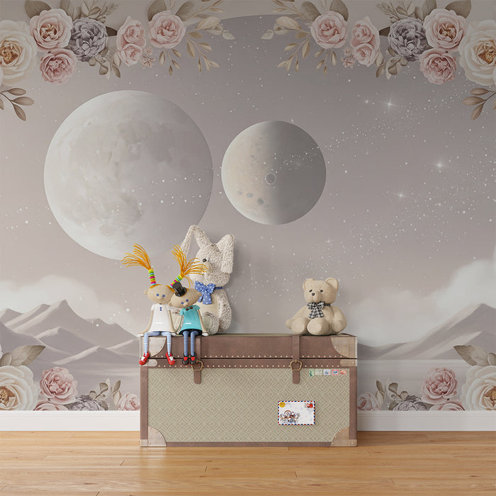 Papier peint chambre bébé | Univers céleste avec fleurs délicates et planètes