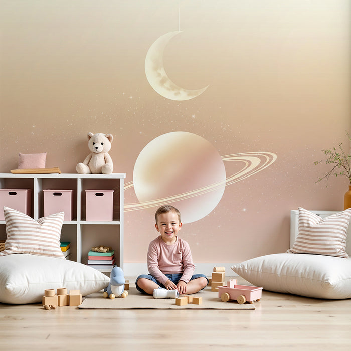 Papel de parede para quarto de bebé | Universo celeste com lua e planeta