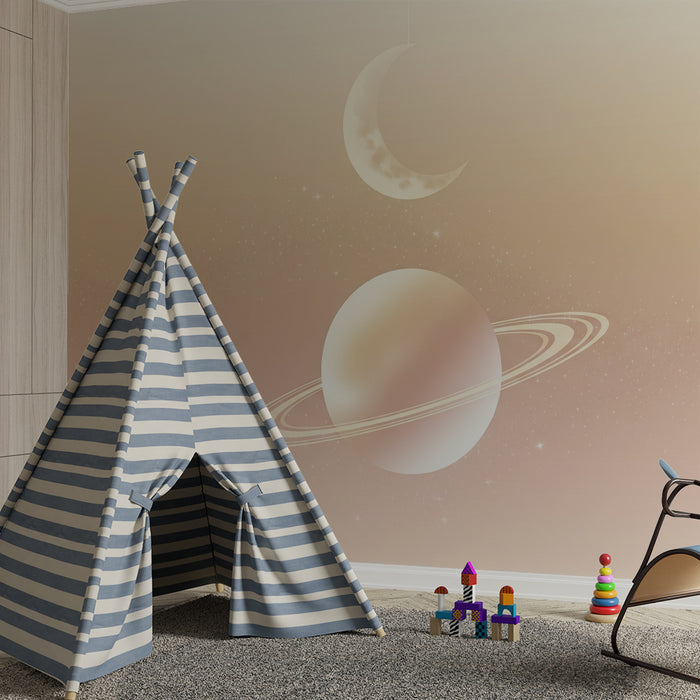 Papel de parede para quarto de bebé | Universo celeste com lua e planeta