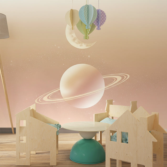 Papel de parede para quarto de bebé | Universo celeste com lua e planeta