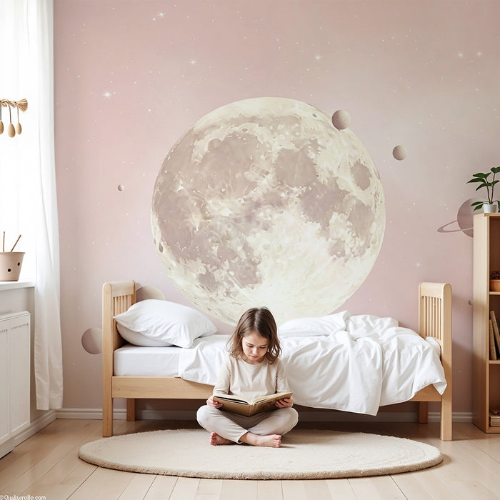 Papier peint chambre bébé | Univers céleste avec lune et planètes douces