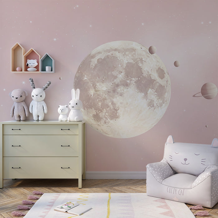 Papier peint chambre bébé | Univers céleste avec lune et planètes douces