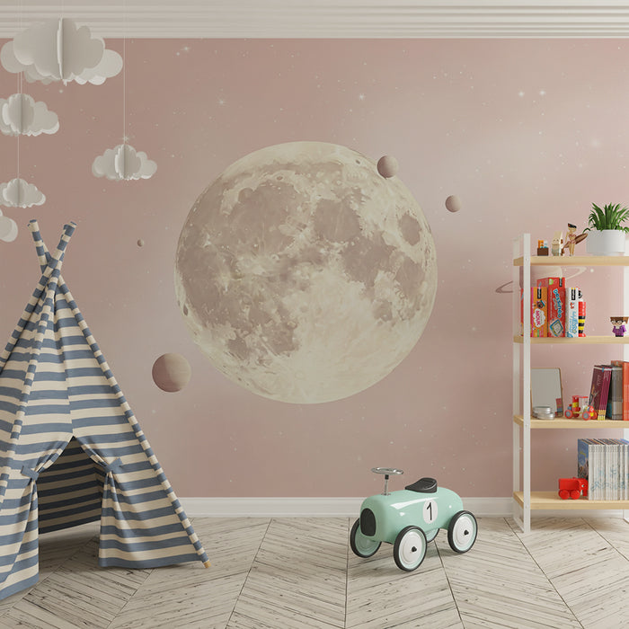 Papier peint chambre bébé | Univers céleste avec lune et planètes douces