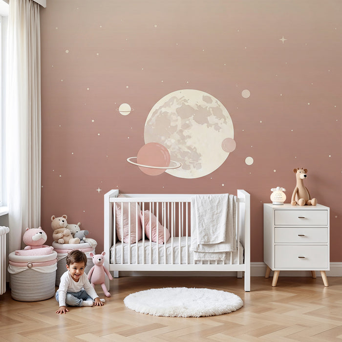 Papier peint chambre bébé | Univers céleste avec lune et planètes pastel