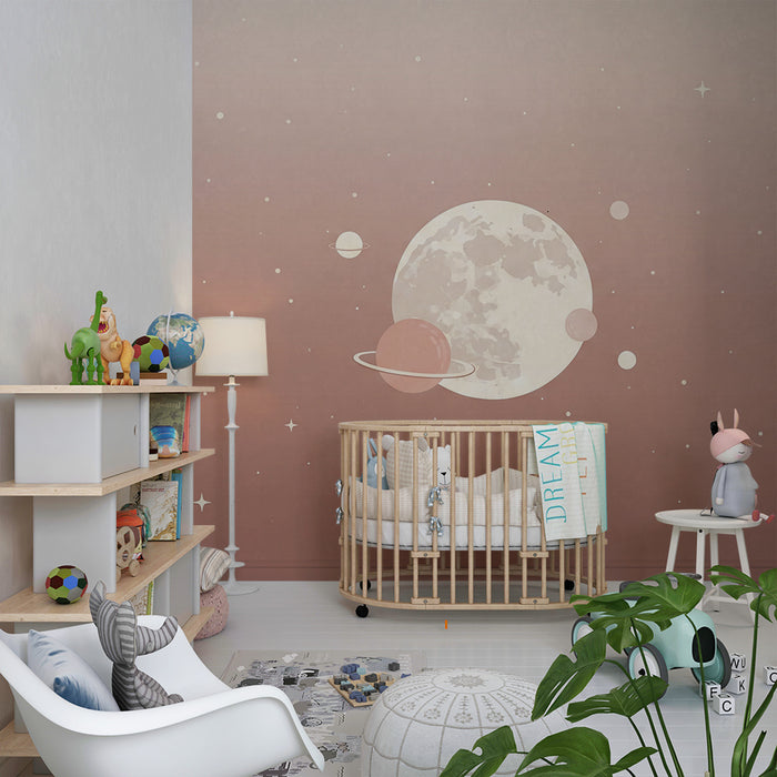 Papier peint chambre bébé | Univers céleste avec lune et planètes pastel