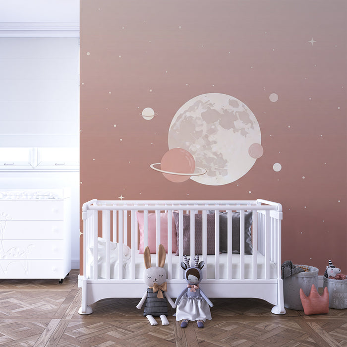 Papier peint chambre bébé | Univers céleste avec lune et planètes pastel