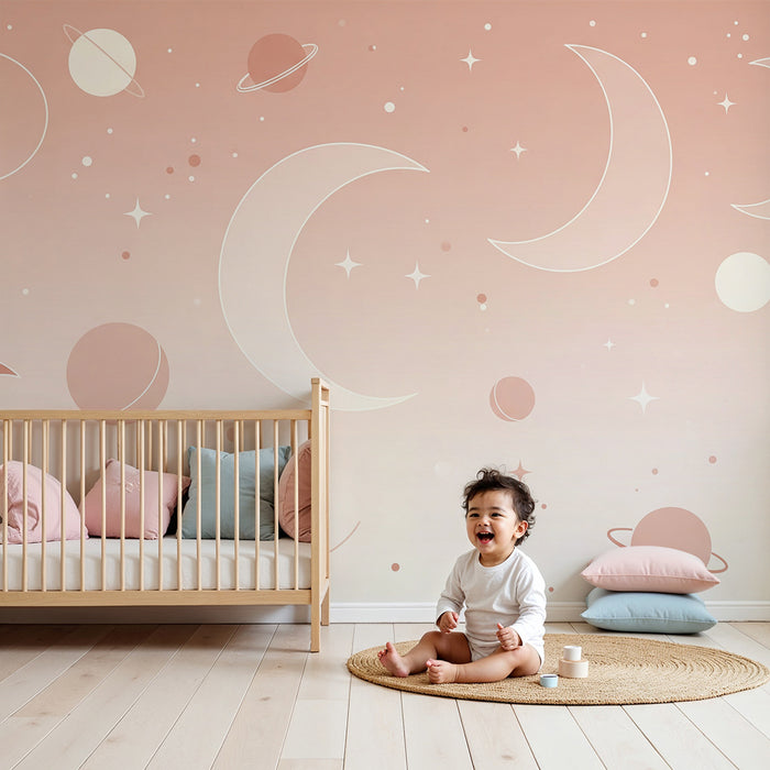 Papier peint chambre bébé | Univers céleste avec lunes et planètes douces
