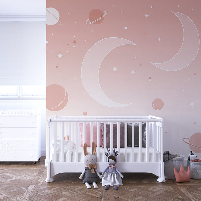 Papier peint chambre bébé | Univers céleste avec lunes et planètes douces