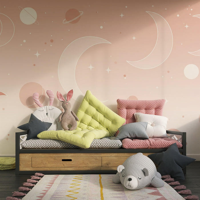 Papier peint chambre bébé | Univers céleste avec lunes et planètes douces