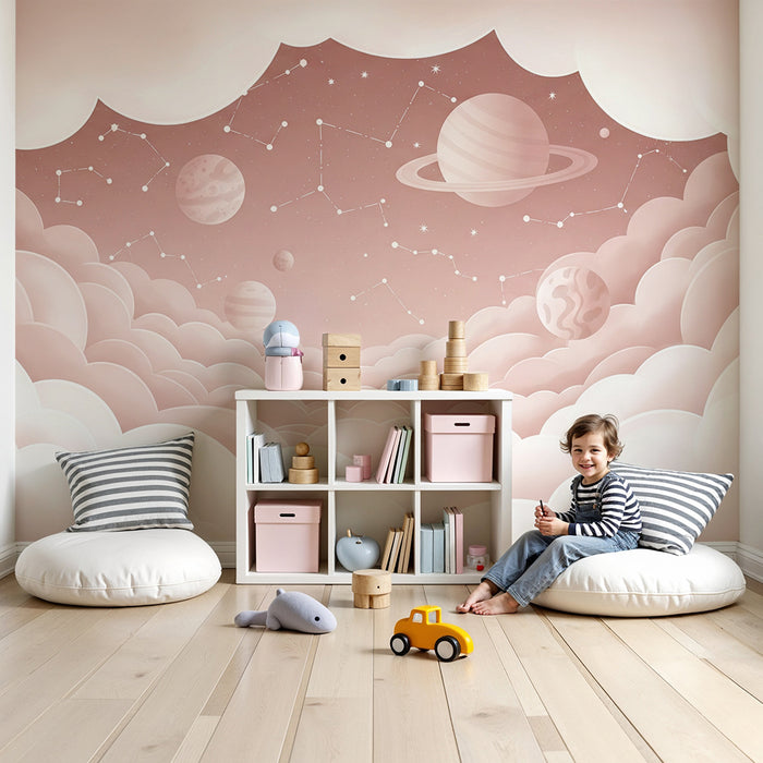 Papier peint chambre bébé | Univers céleste avec nuages et planètes