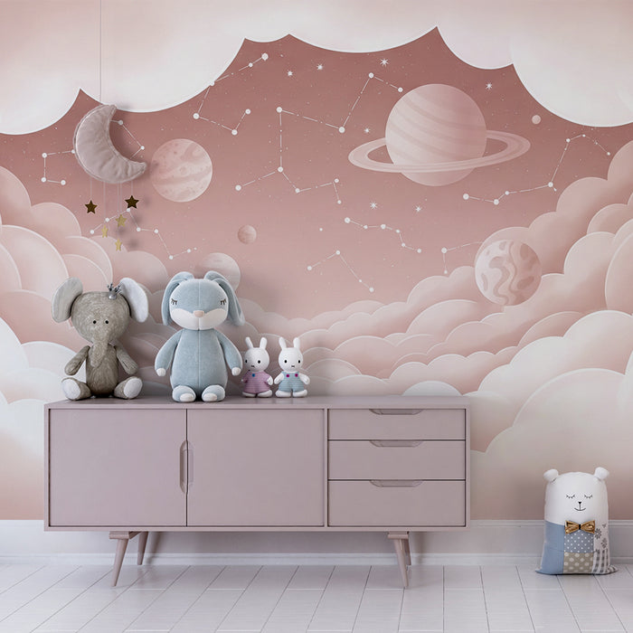 Papier peint chambre bébé | Univers céleste avec nuages et planètes
