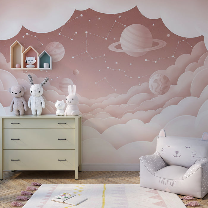 Papier peint chambre bébé | Univers céleste avec nuages et planètes